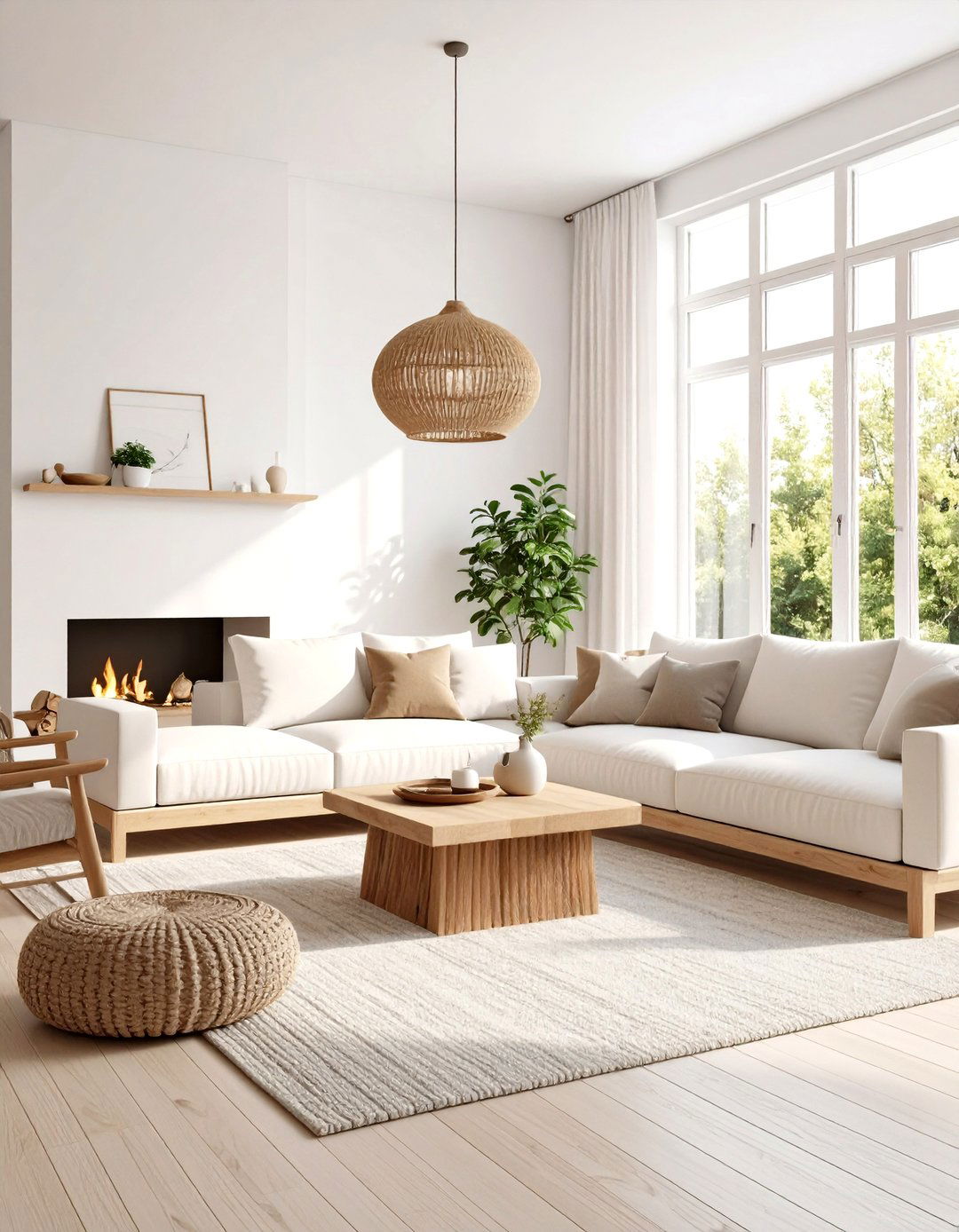 Scandinavian White Living Room with Natural Wood Accents - 20 White Living Room Ideas