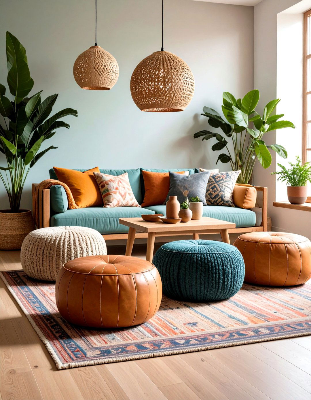 Scatter Leather Poufs and Kilim Ottomans - 20 Bohemian Moroccan Living Room Ideas