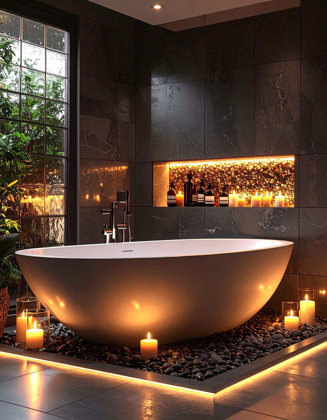 Scented Candle Niche Enhances Spa Ambiance - 20 Dark Bathroom Ideas