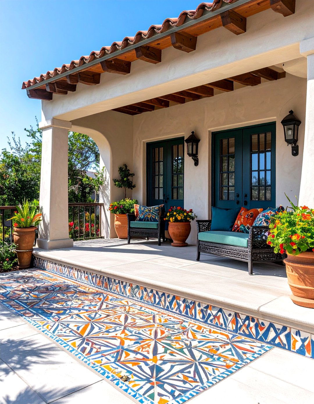Scored and Stained Concrete Porch with Geometric Patterns - 20 Concrete Porch Ideas