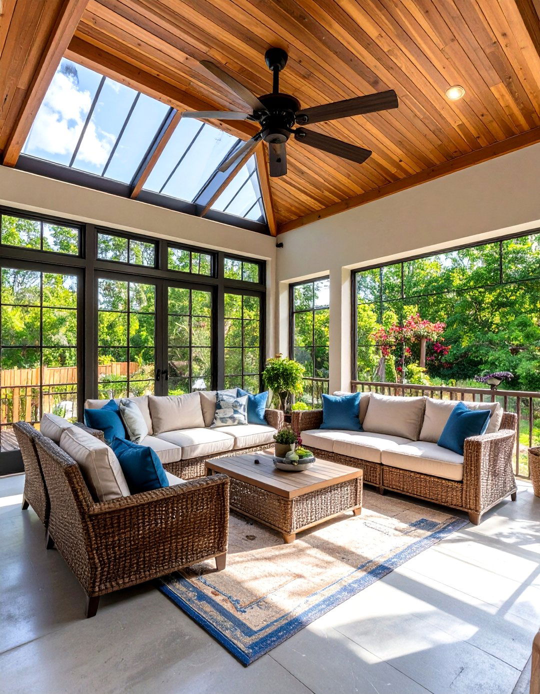 Screened Concrete Porch with Ceiling Fans and Ambient Lighting - 20 Concrete Porch Ideas