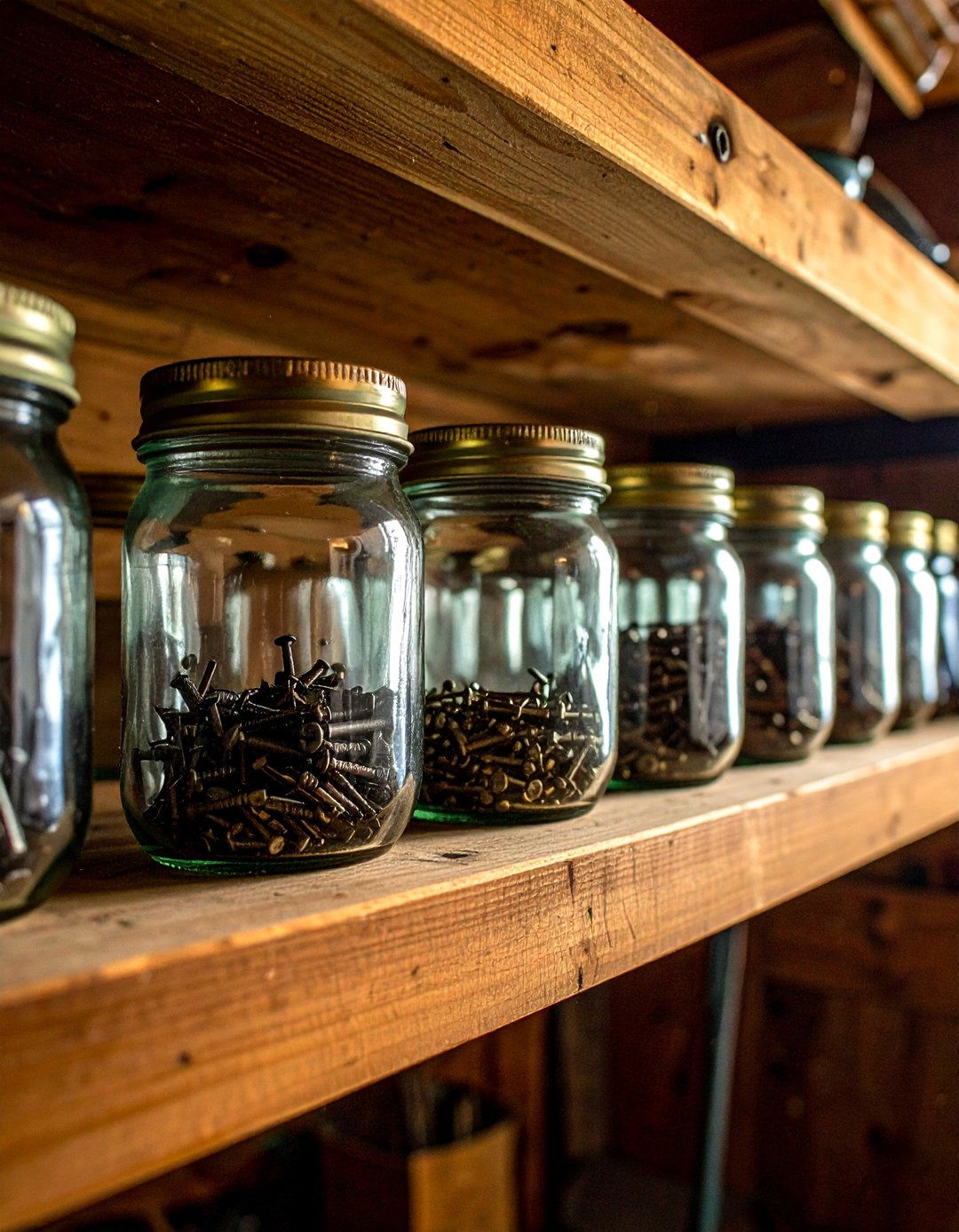 Screw Mason Jars under Shelves for Tiny Parts - 20 Garage Storage Ideas
