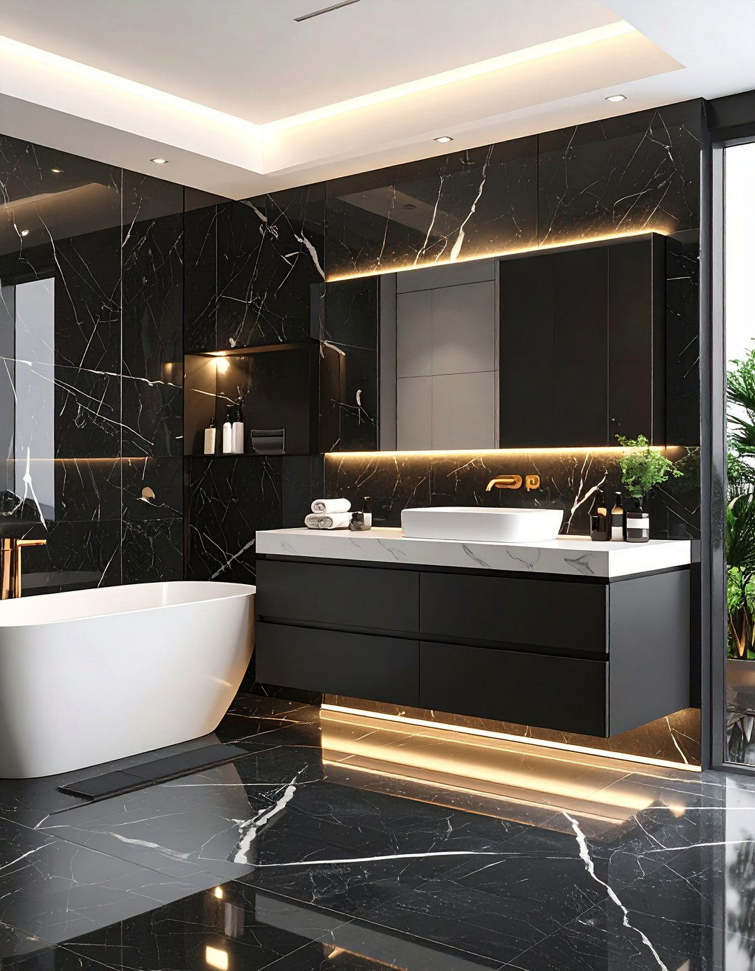 Sculpted Serenity Black Marble Statement Wall - 20 Black Marble Bathrooms