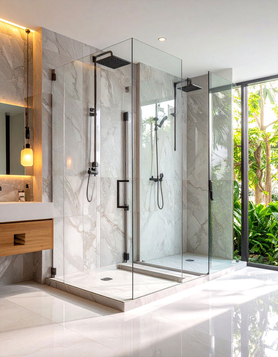 Sculptural Glass Partition Double Shower - 20 Double Shower Ideas