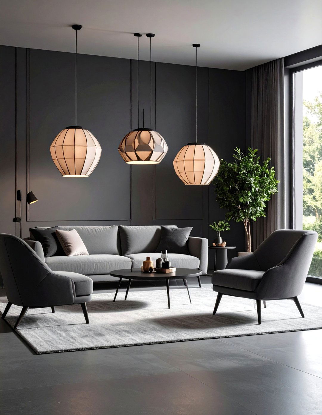 Sculptural Lighting Becomes Art in a Gray Living Room - 20 Gray Living Room Ideas