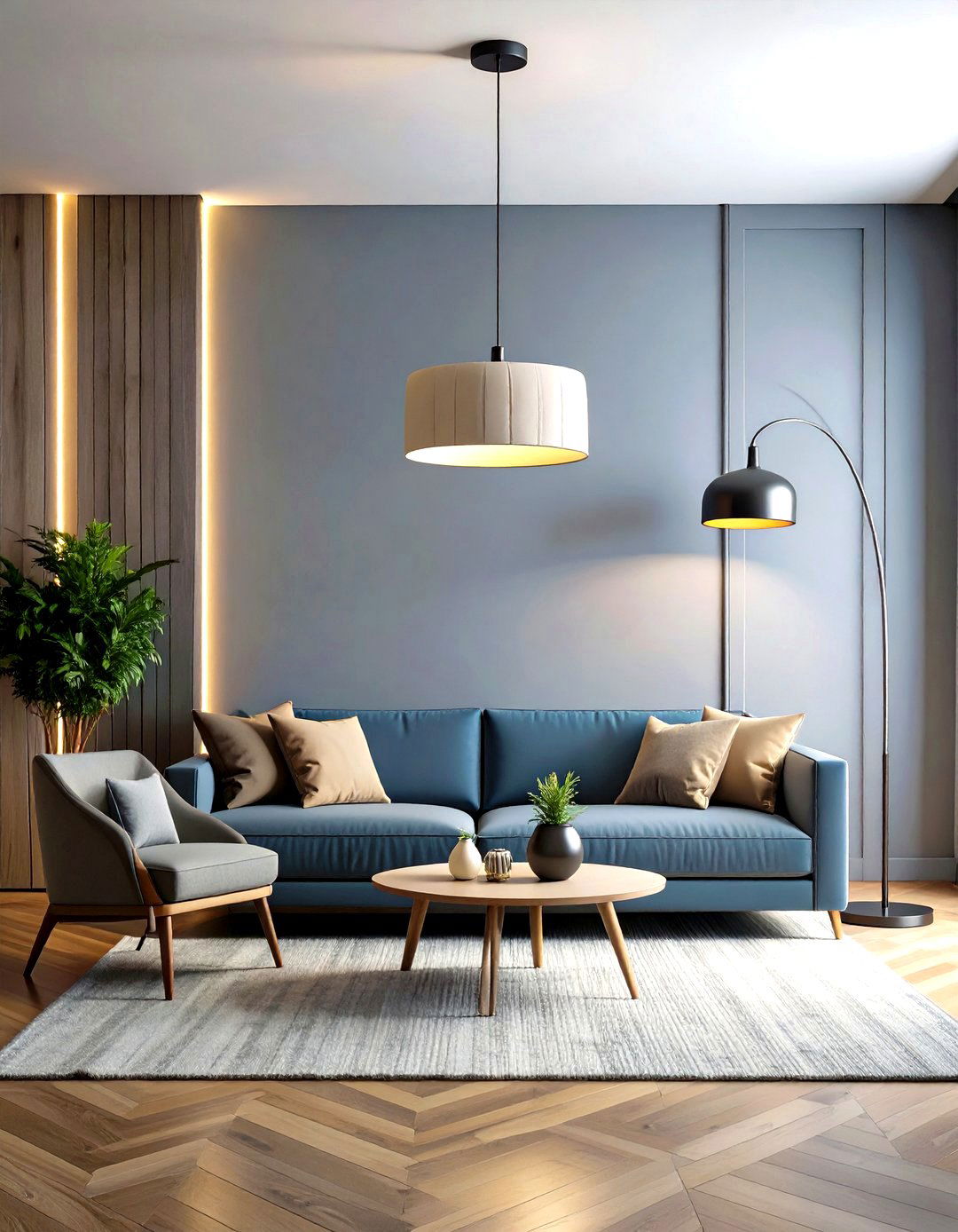 Sculptural Lighting Shapes a Grey and White Living Room - 20 Grey and White Living Room Ideas
