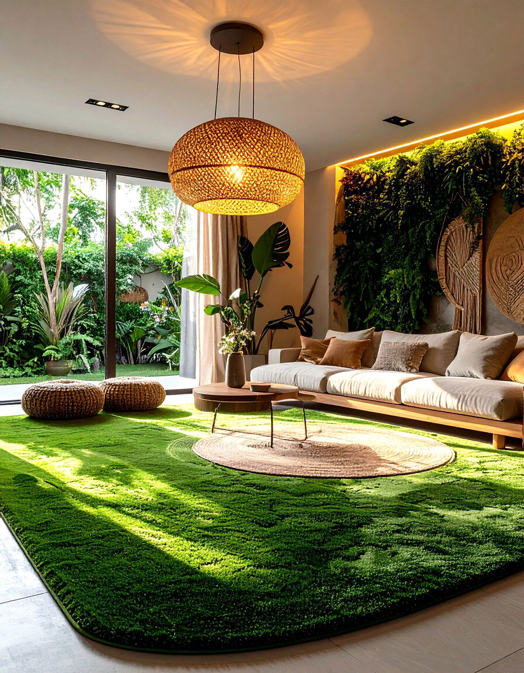 Sculptural Lighting over Green Carpet - 20 Green Carpet Living Room Ideas