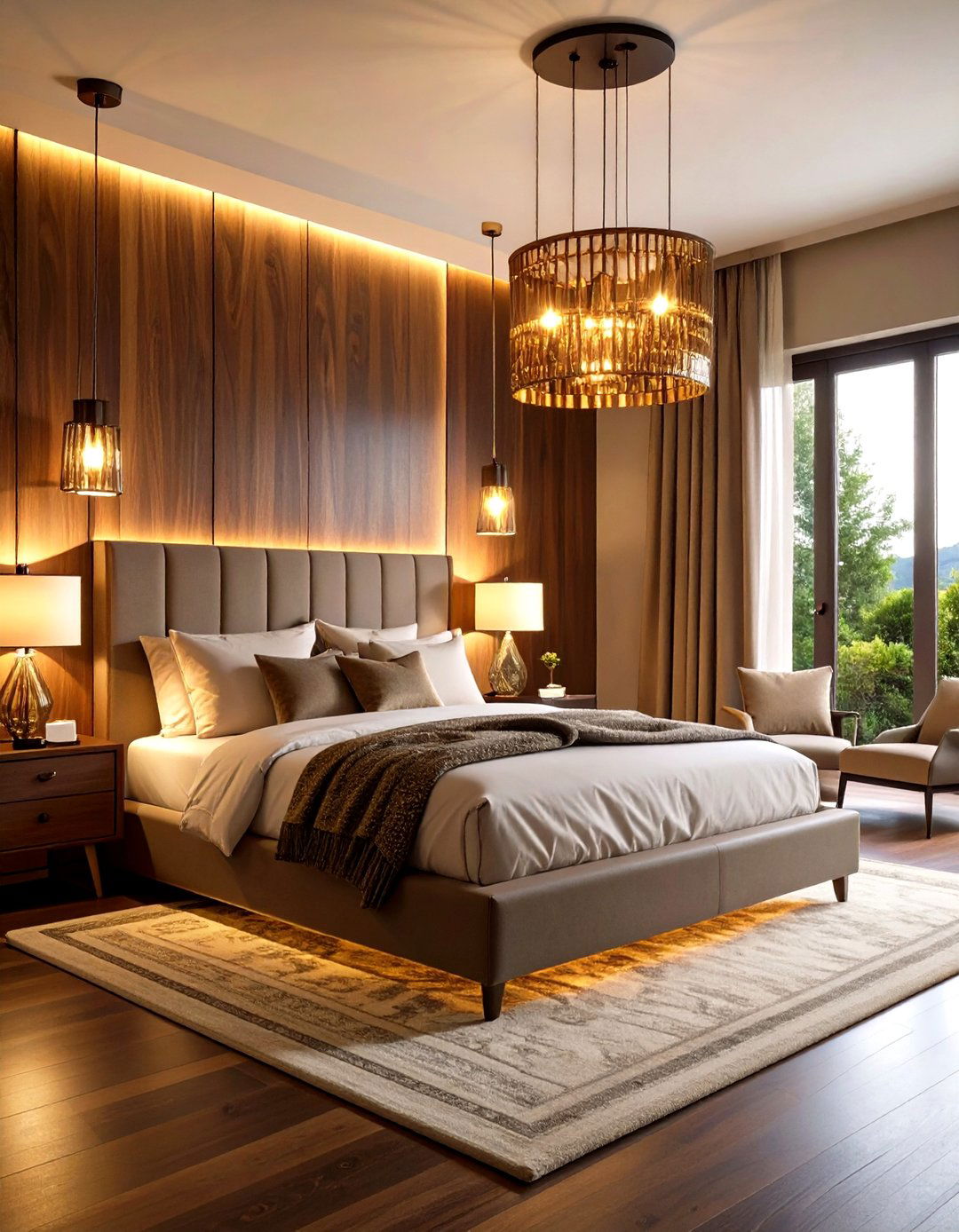 Sculptural Statement Lighting Anchors a Dark Wood Bedroom - 20 Dark Wood Bedroom Ideas