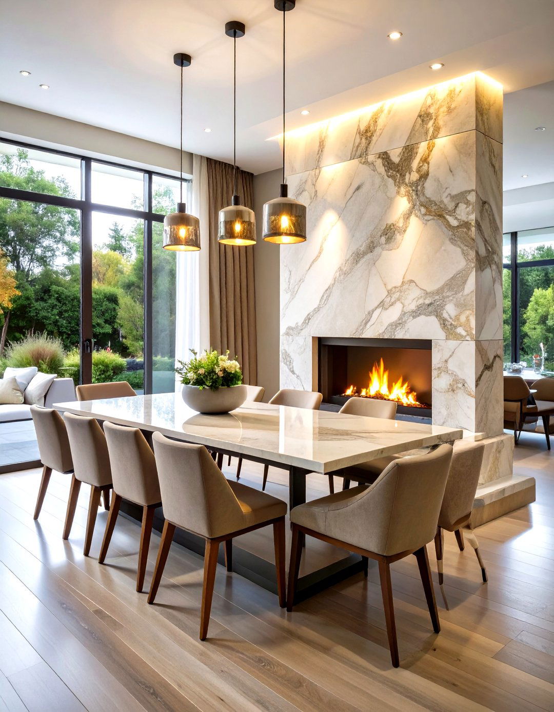 Sculptural Stone Fireplace Becomes Dining Room Art Piece - 20 Dining Room With Fireplace Ideas