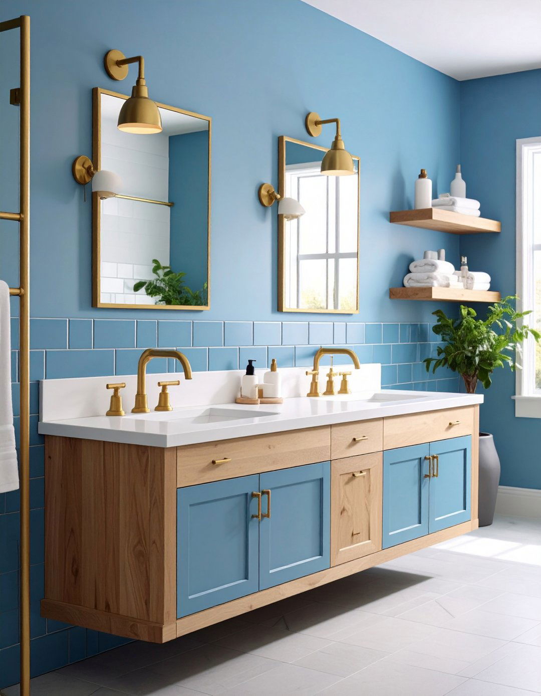 Sea Blue Subway Tiles Paired with Brushed Gold Faucets - 20 Blue and Gold Bathroom Ideas
