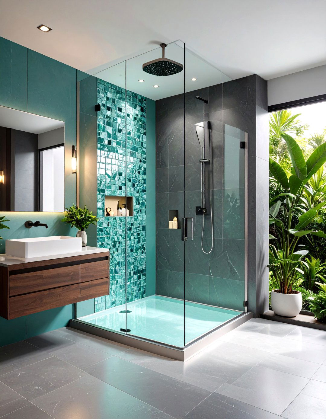 Sea Foam Mosaic Niche Set into Graphite Gray Slabs - 20 Green and Grey Bathroom Ideas