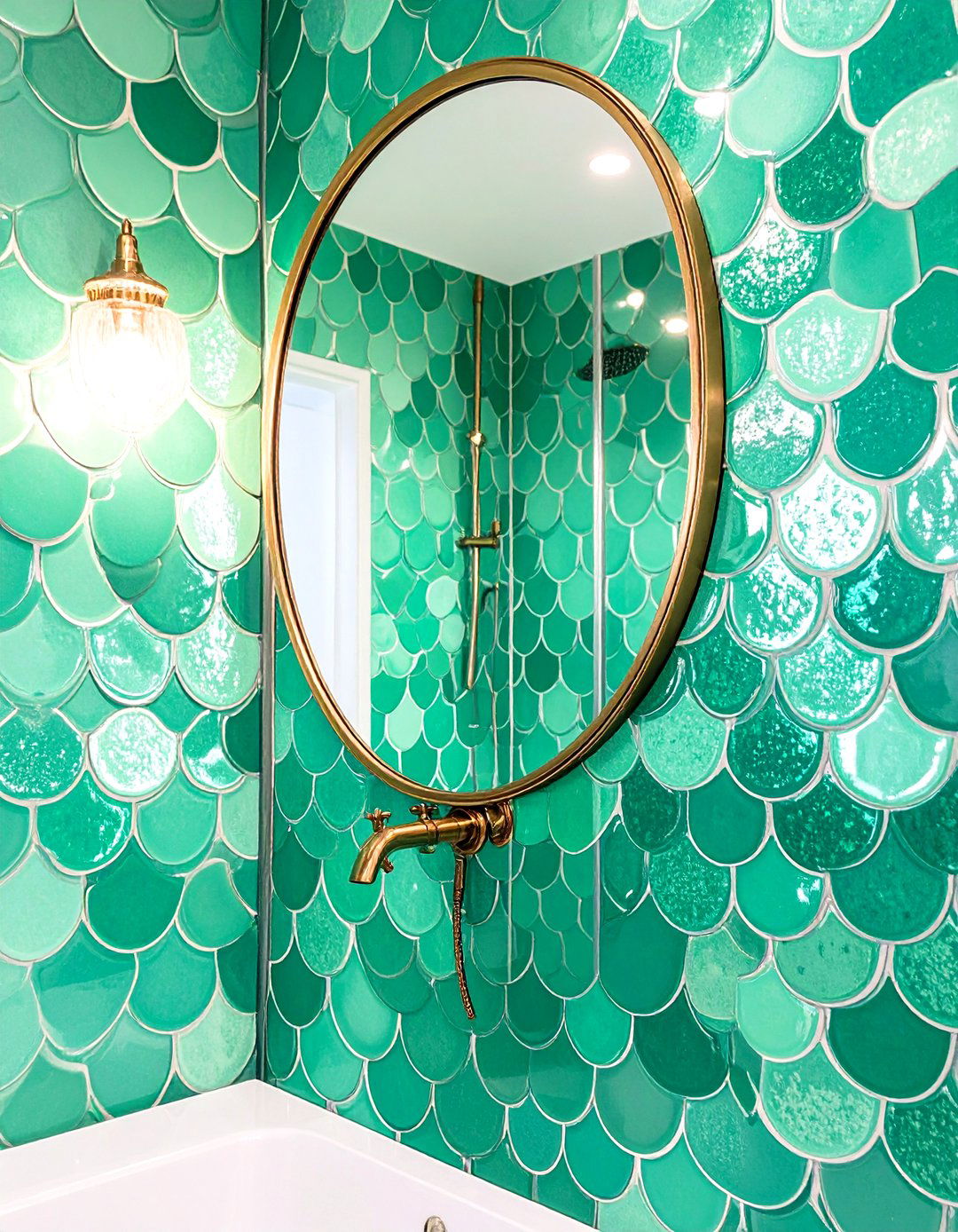 Seafoam Green Fish Scale Tile Splash - 20 Green Bathroom Tile Ideas