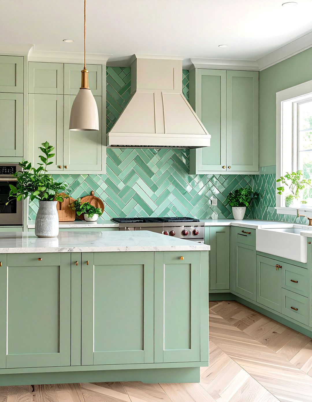 Seafoam Green Mosaic Herringbone Tile - 20 Seafoam Green Kitchen Ideas