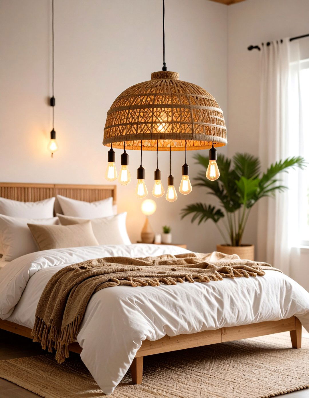 Seagrass Pendant Sets a Natural Focal Point - 20 Green Boho Bedroom Ideas