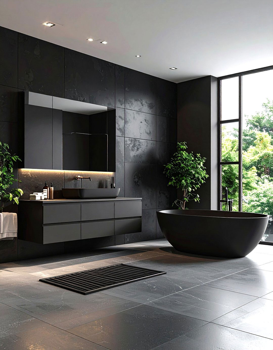 Seamless Slab Black Tile Bathroom - 20 Black Tile Bathroom Ideas