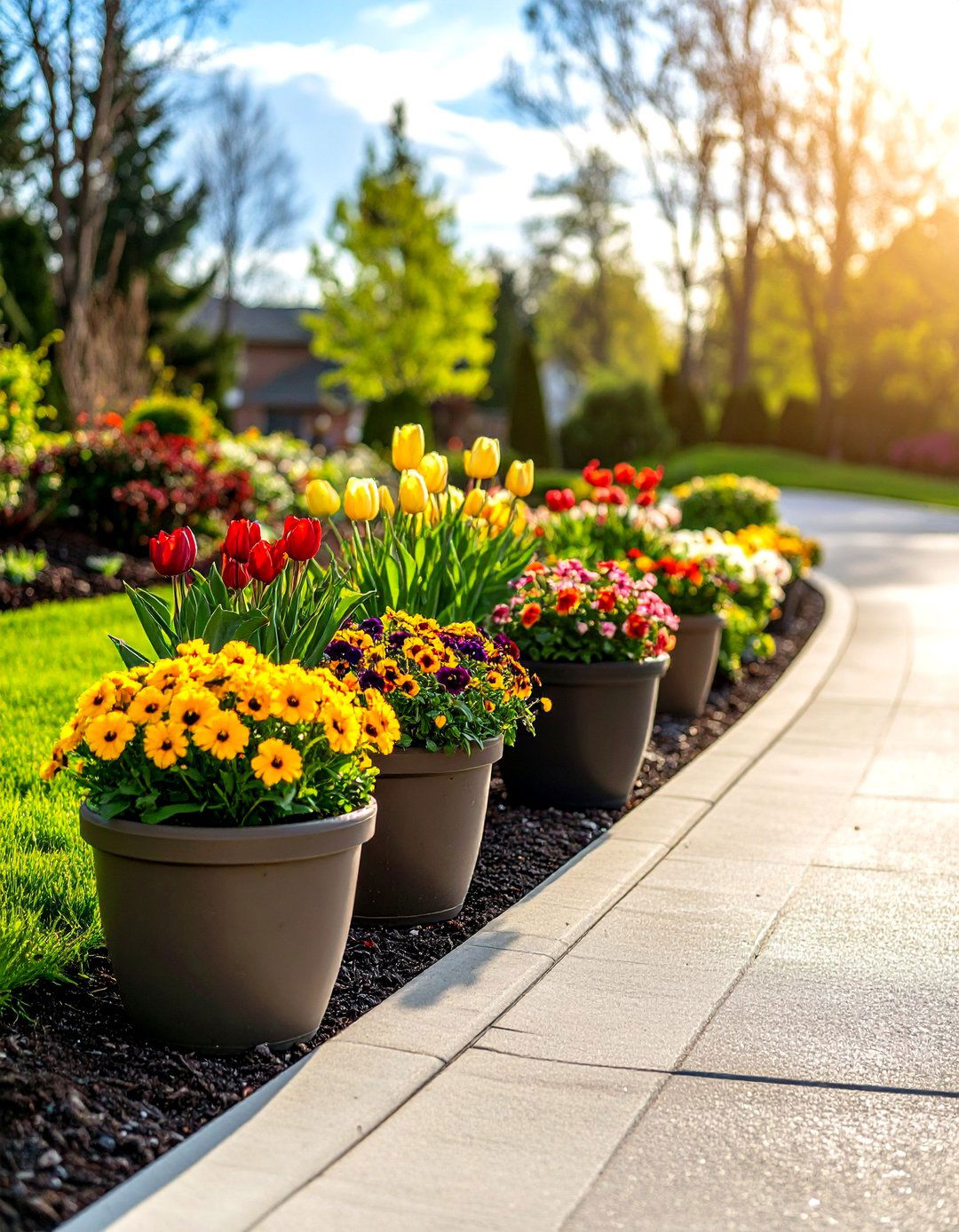 Seasonal Container Gardens on the Driveway Apron - 20 Driveway Landscape Ideas