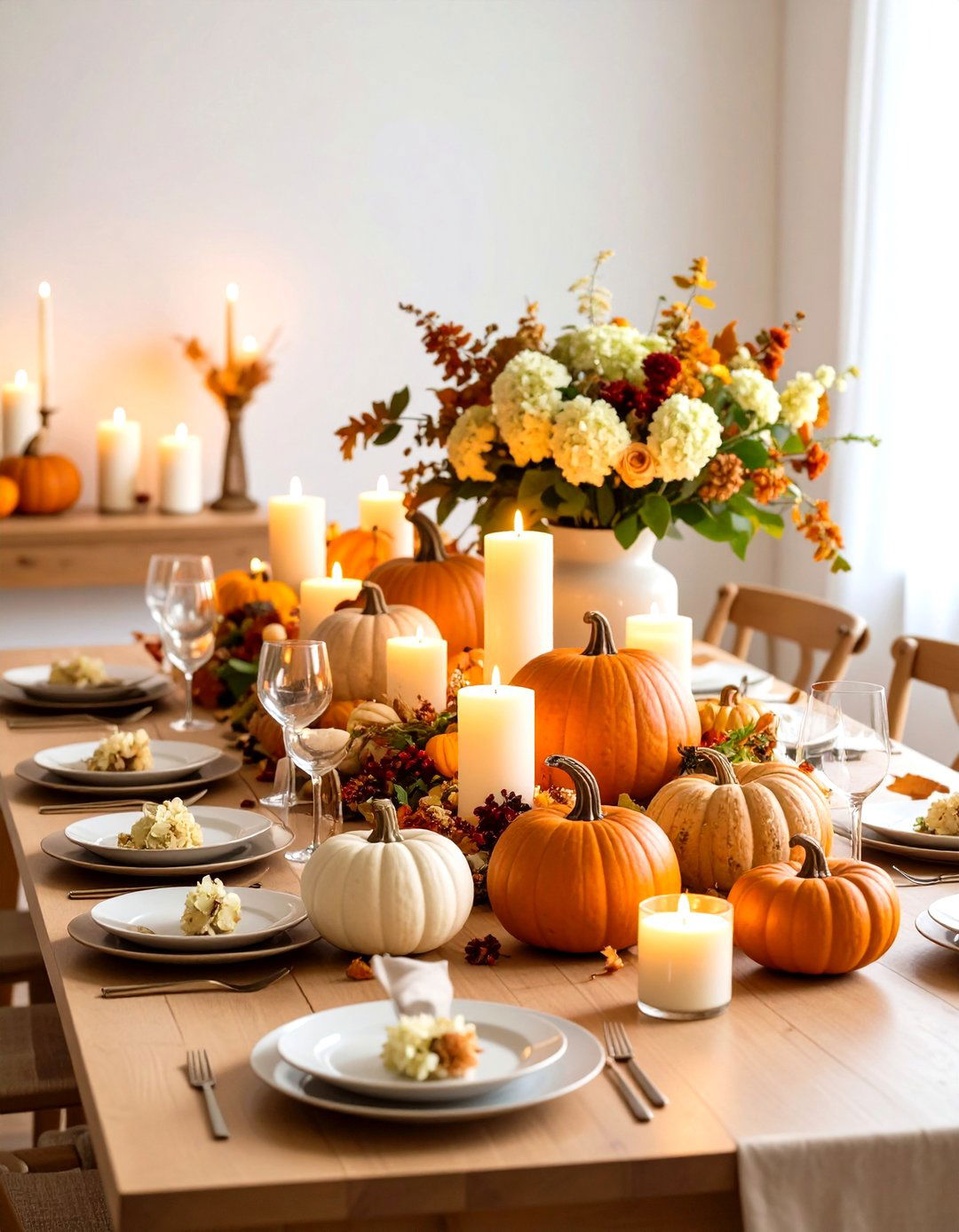Seasonal Fall Hydrangea Centerpiece with Pumpkins - 20 Hydrangea Centerpiece Ideas