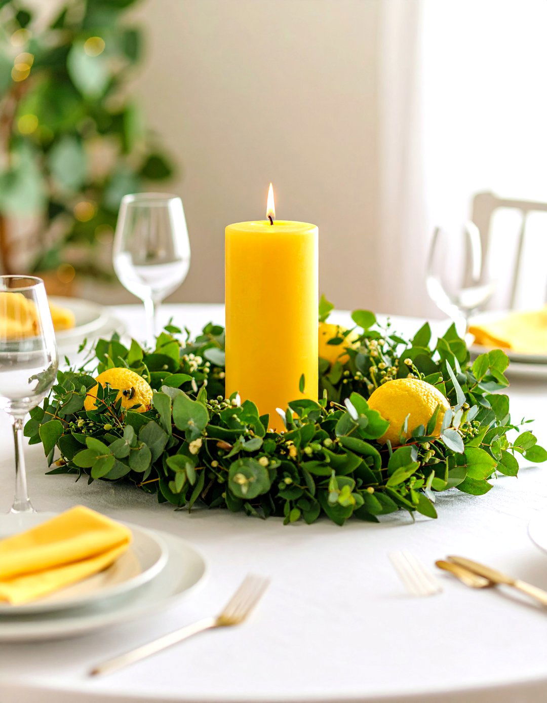 Seasonal Greenery Wreath with Pillar Candle - 20 Dining Table Centerpiece Ideas
