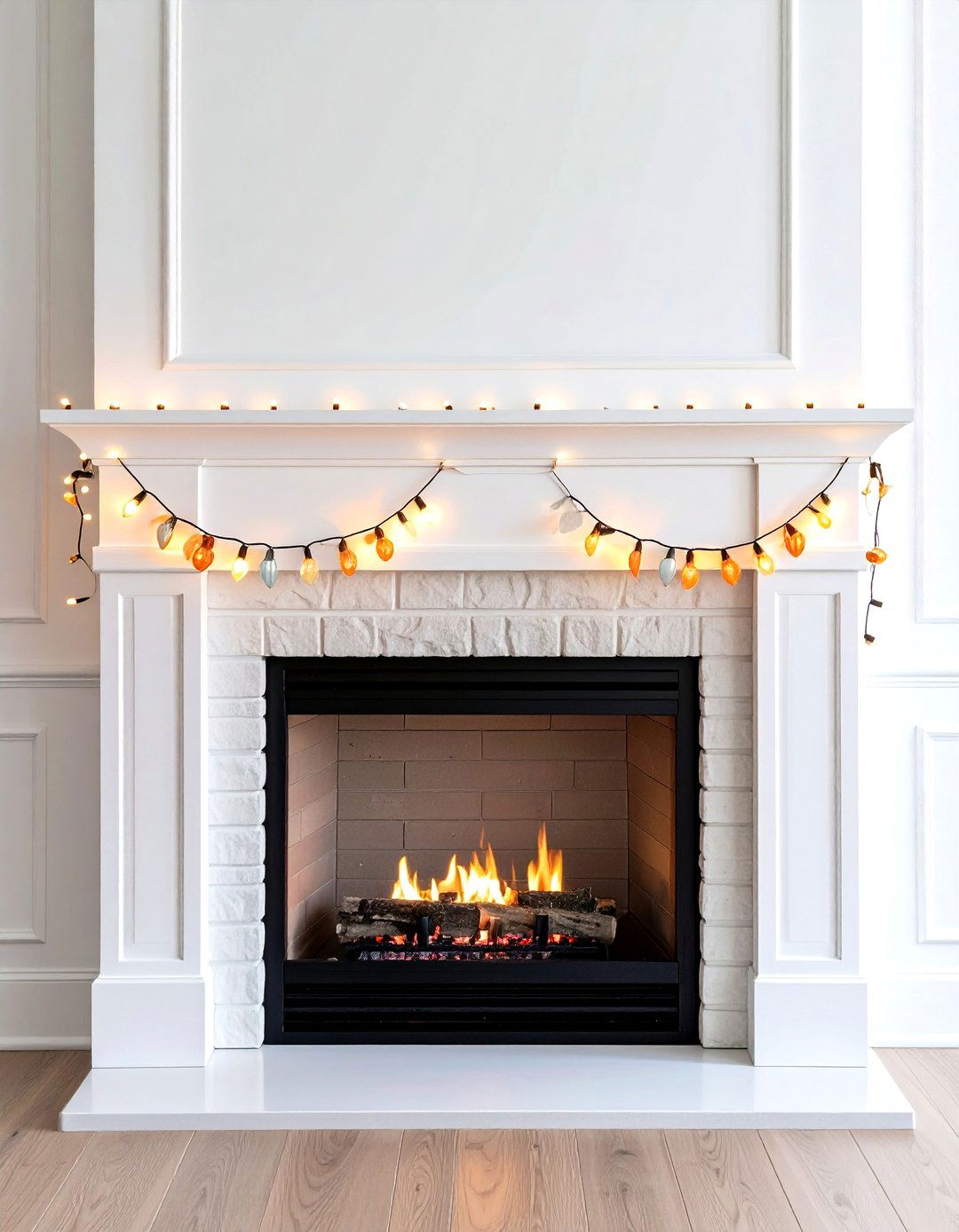 Seasonal String Light Swags on the Fireplace - 20 Fireplace Lighting Ideas