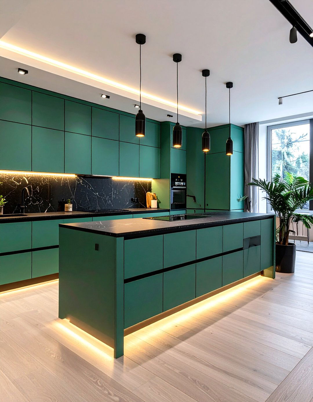 Seaweed Shade and LED Framed Quartz - 20 Green Kitchen Cabinets With Black Countertops