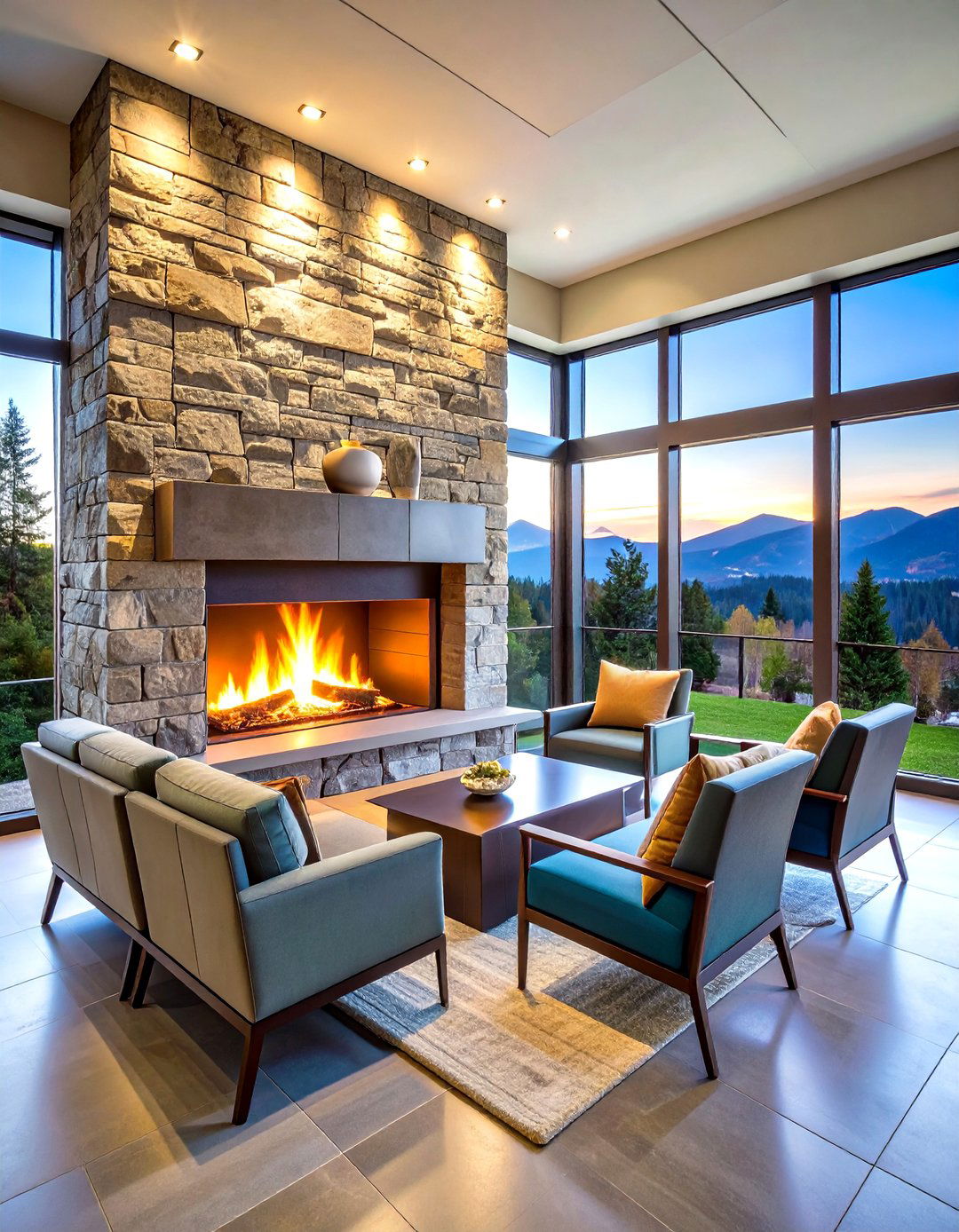 See Through Double Sided Stone Divider - 20 Floor-to-Ceiling Stone Fireplace Ideas