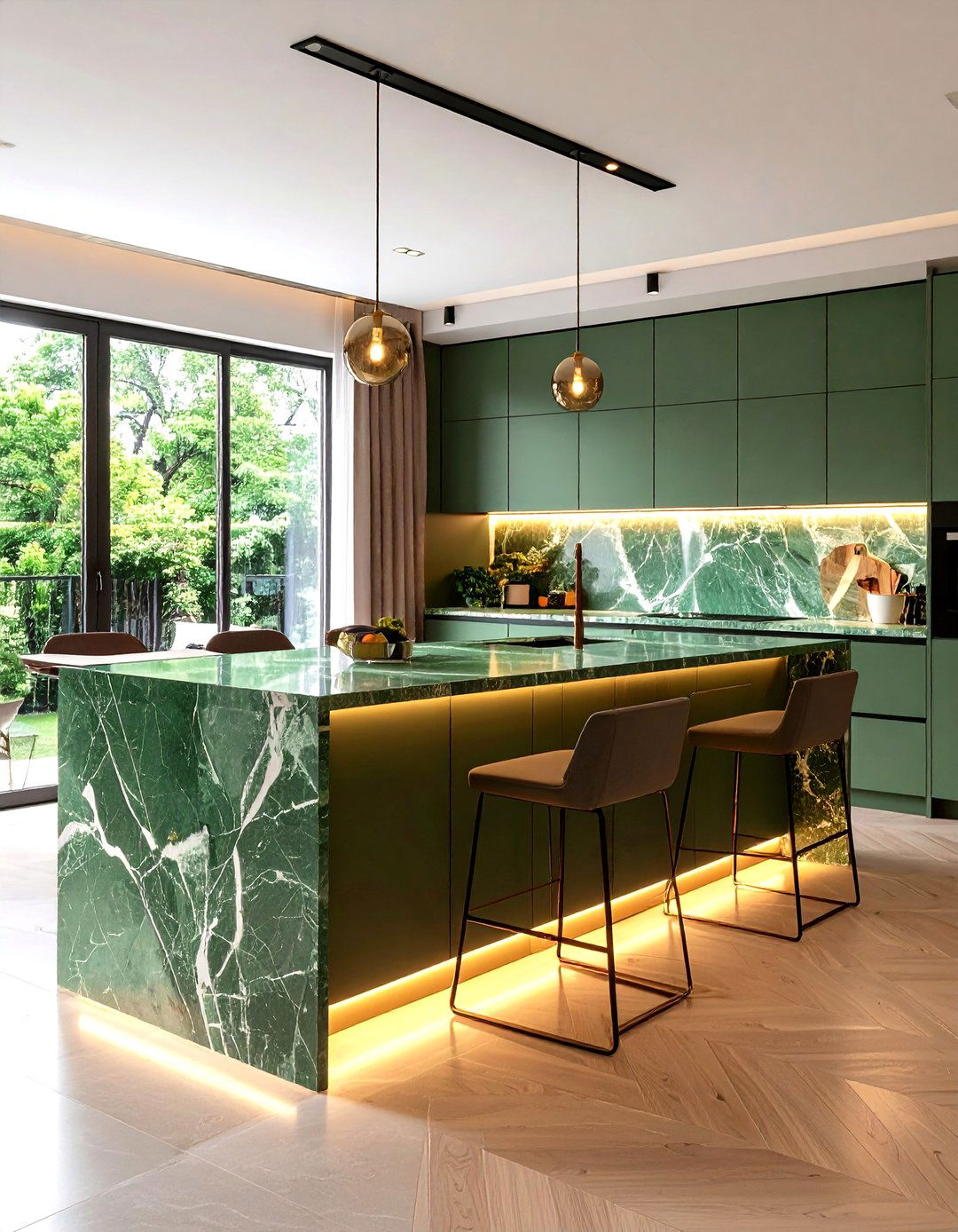 Semi Floating Peninsula Breakfast Bar - 20 Green Marble Countertop Design Ideas