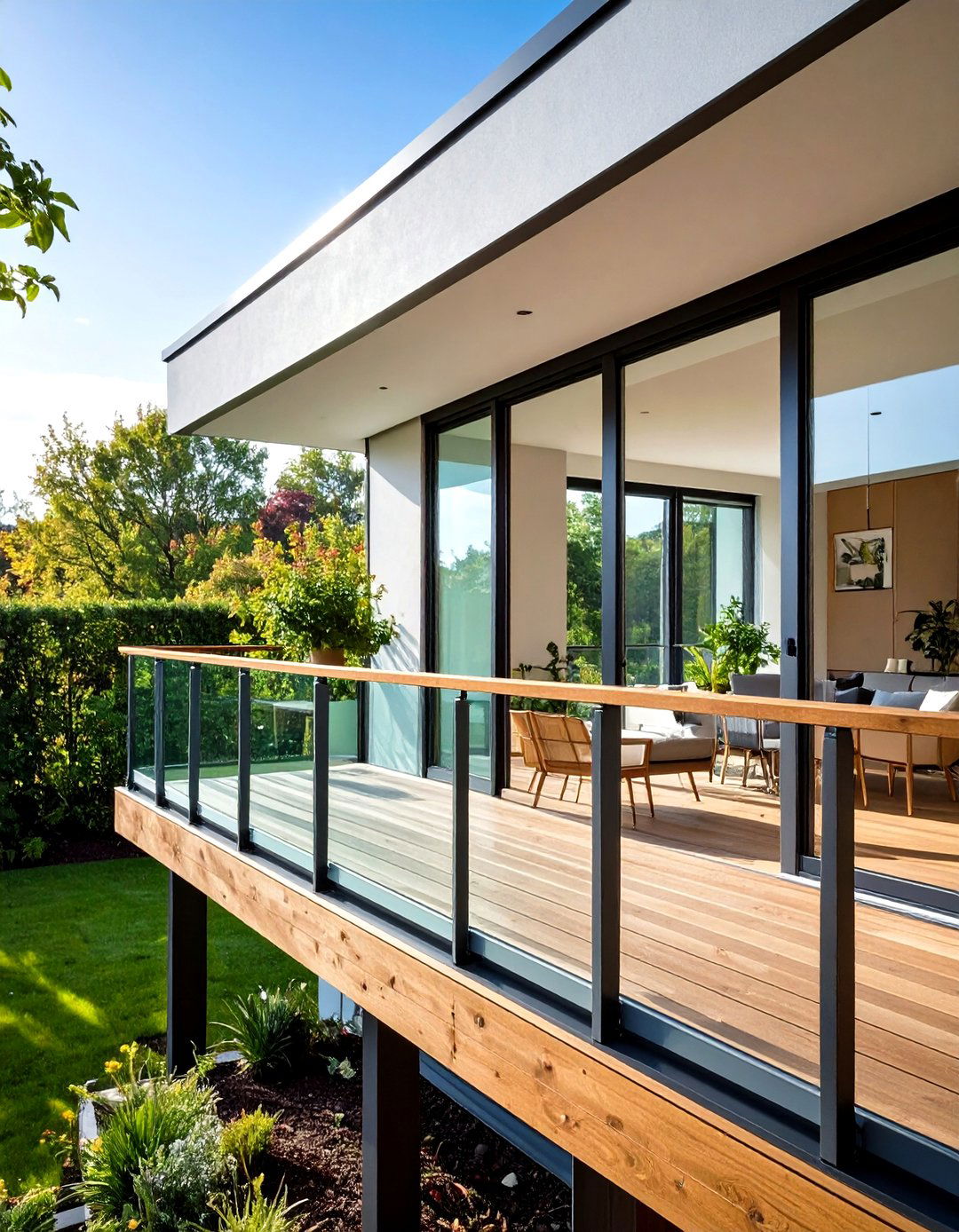Semi Frameless Glass with Warm Timber Top Rail - 20 Glass Balcony Design Ideas