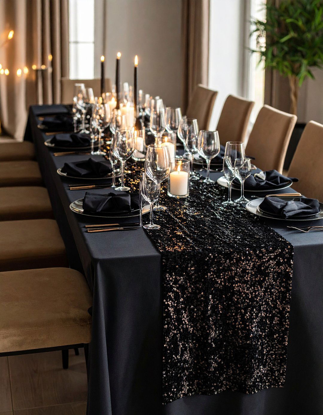 Sequin Table Runners Shine at a Black Themed Wedding Reception - 20 Black-Themed Wedding Ideas
