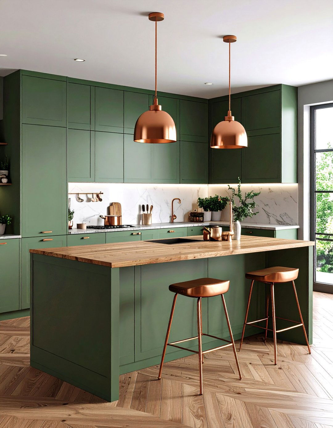 Serene Sage Green Kitchen Island Highlighted by Copper Pendant Lights - 20 Green and Copper Kitchen Ideas