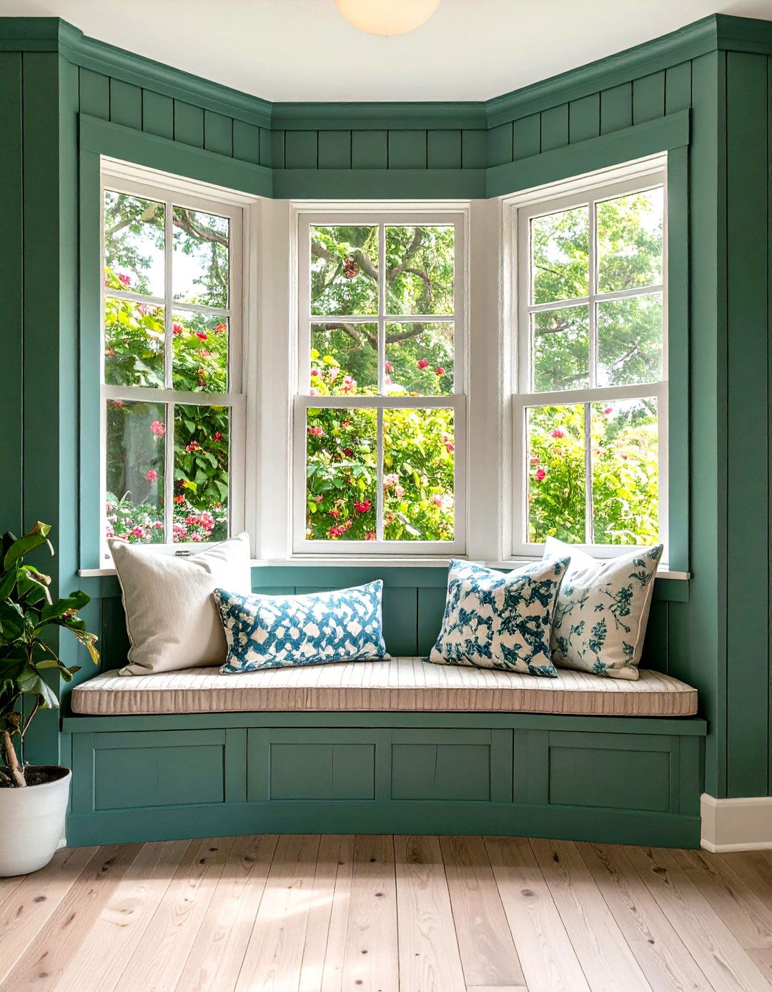 Serpentine Green Window Seat Nook - 20 Green Panelling Bedroom Ideas