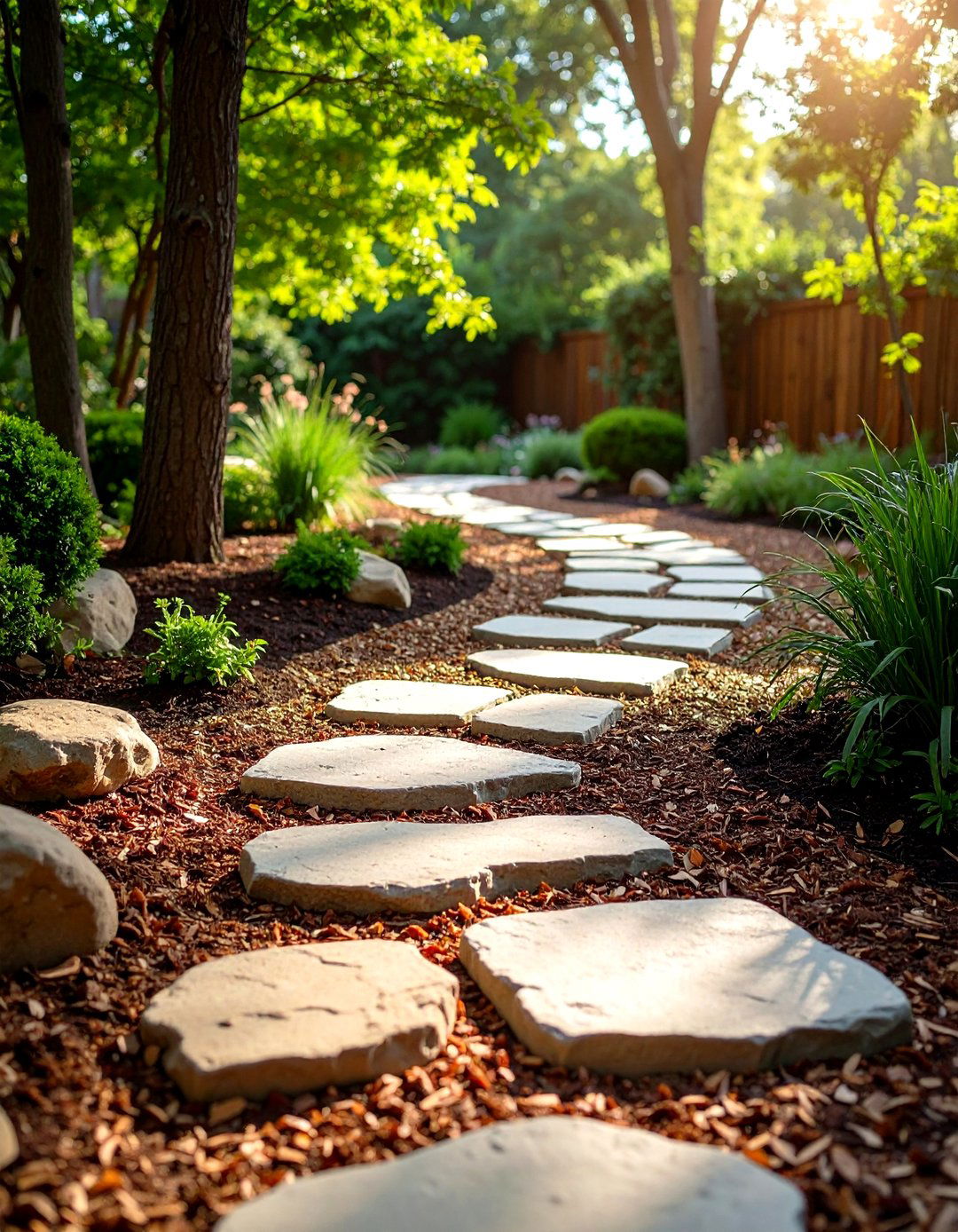 Serpentine Stepping Stone Walkway That Floats Through Mulch - 20 Curved Walkway Ideas