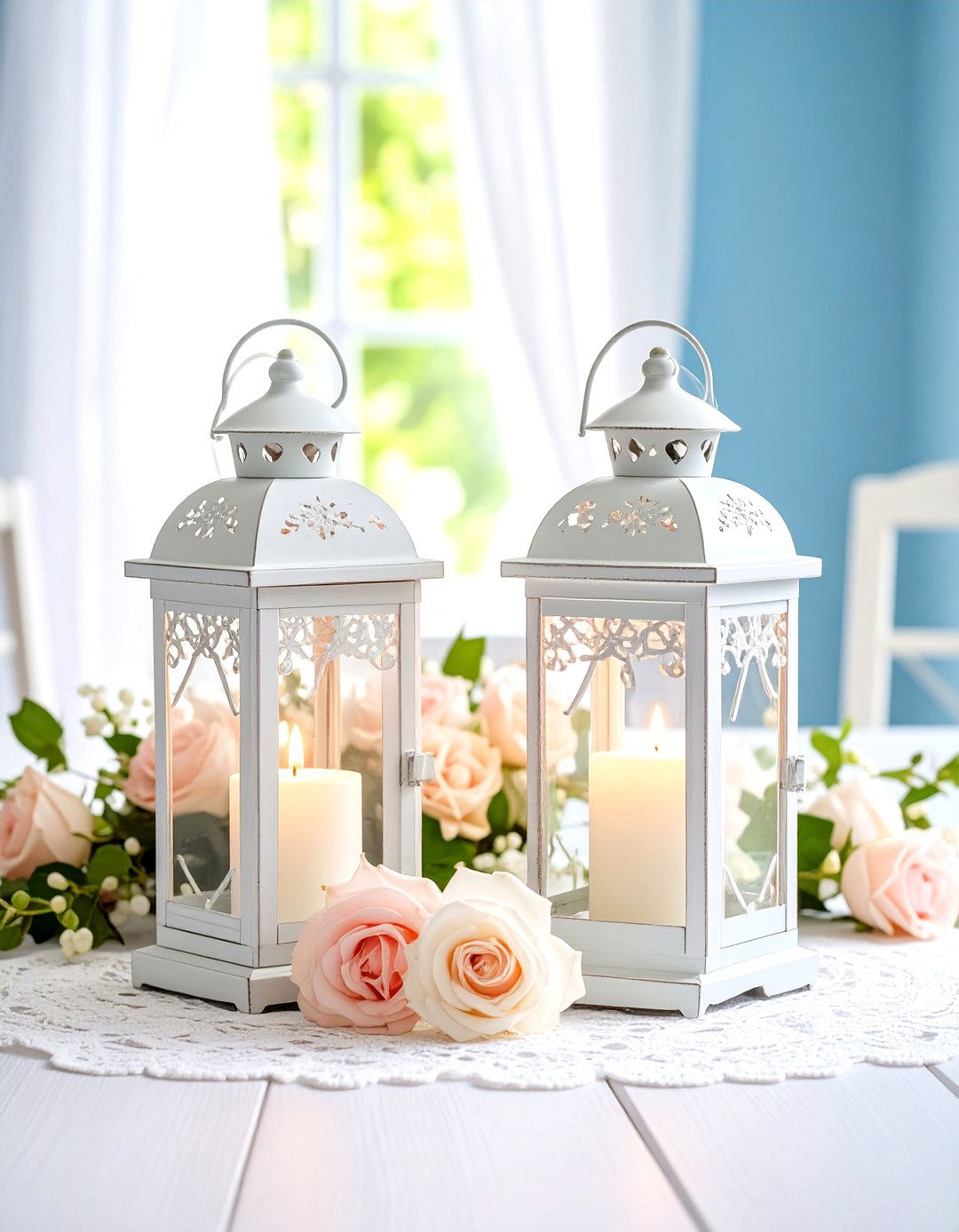Shabby Chic Lantern Centerpiece with Vintage Lace Accents - 20 Lantern Centerpiece Ideas