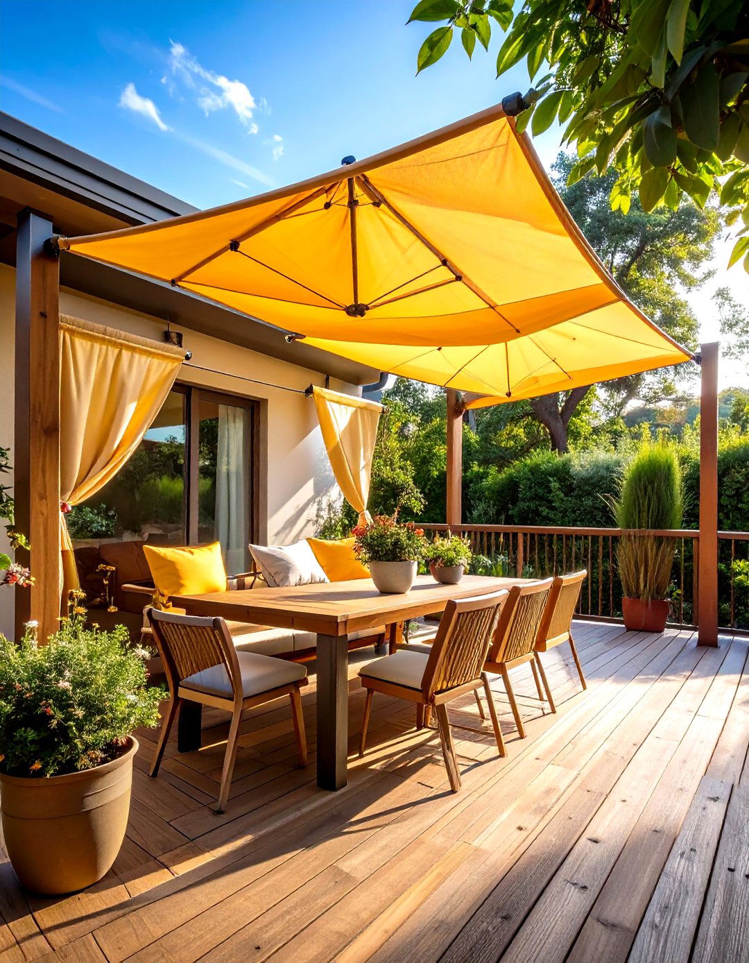 Shade Sail Deck That Adjusts with Seasons - 20 Ground Level Deck Ideas