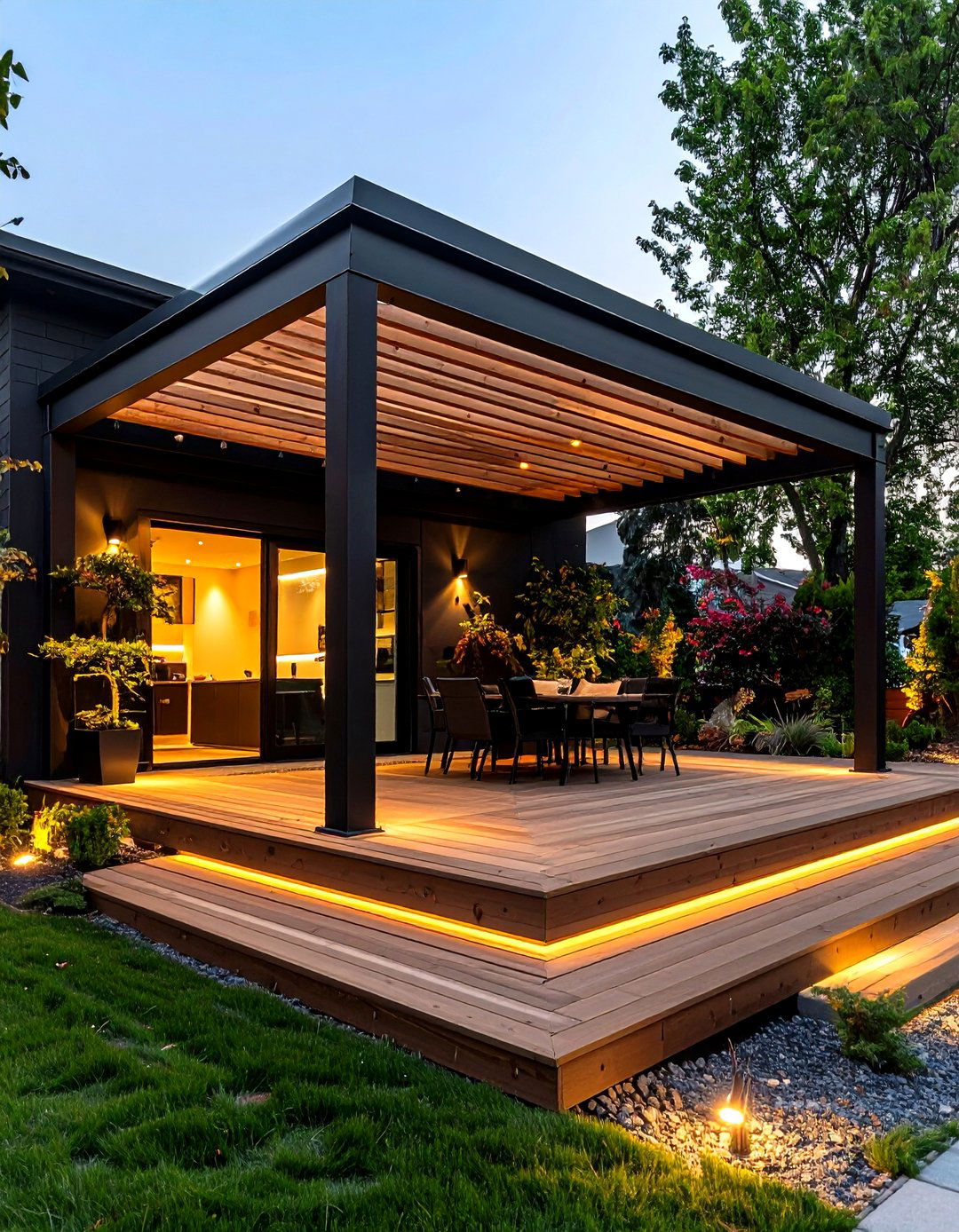 Shaded Pergolas Softening Black Stucco Facades - 20 Black Stucco House Ideas