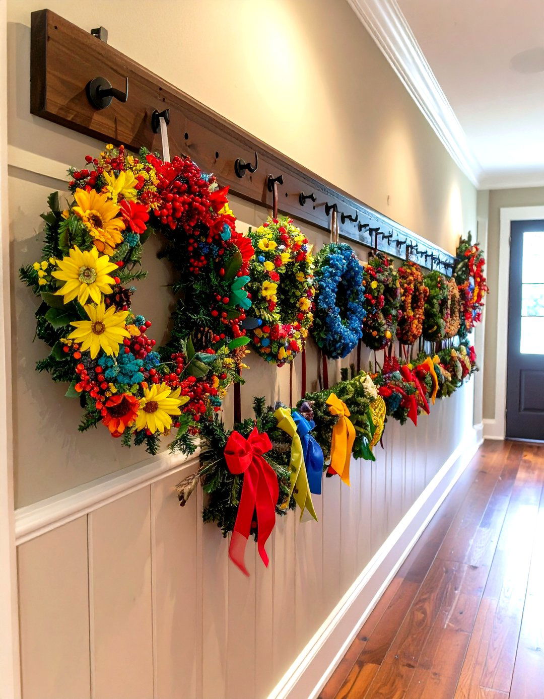 Shaker Peg Rail for Rotating Wreaths - 20 Farmhouse Wall Decor Ideas