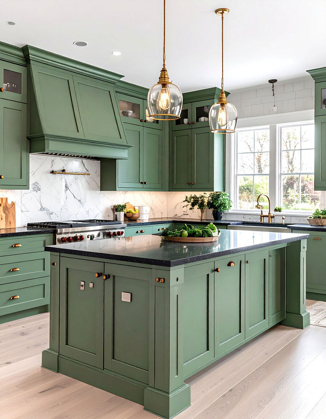 Shaker Sage and Soapstone Contrast - 20 Green Kitchen Cabinets With Black Countertops
