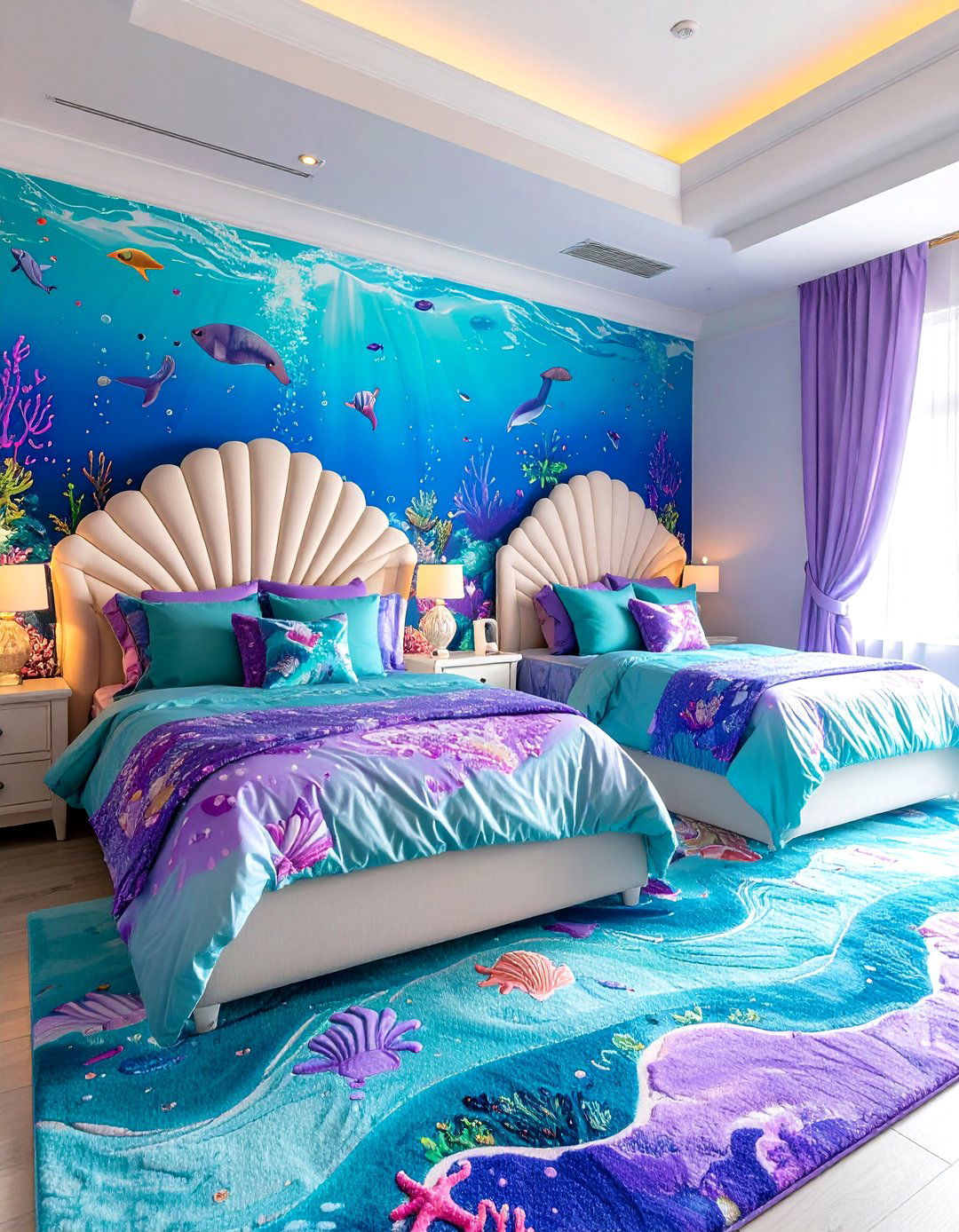Shared Mermaid Bedroom with Twin Beds and Coordinated Themes - 20 Mermaid Bedroom Ideas