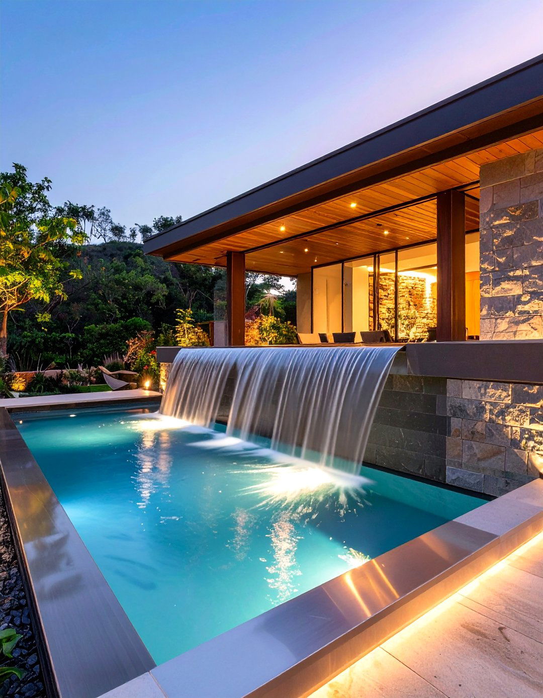 Sheer Descent Plate Fountains Elegant Pool Waterfalls - 20 Pool Fountain Ideas
