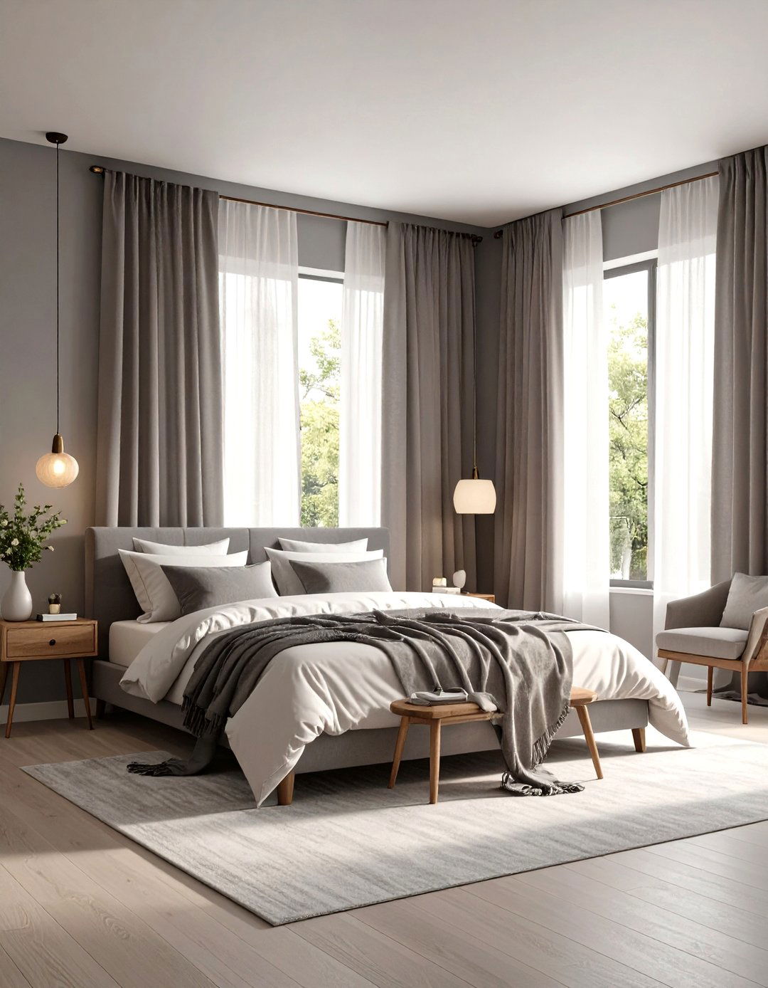 Sheer and Blackout Drapery Duo Softens a Grey Boho Bedroom - 20 Grey Boho Bedroom Ideas