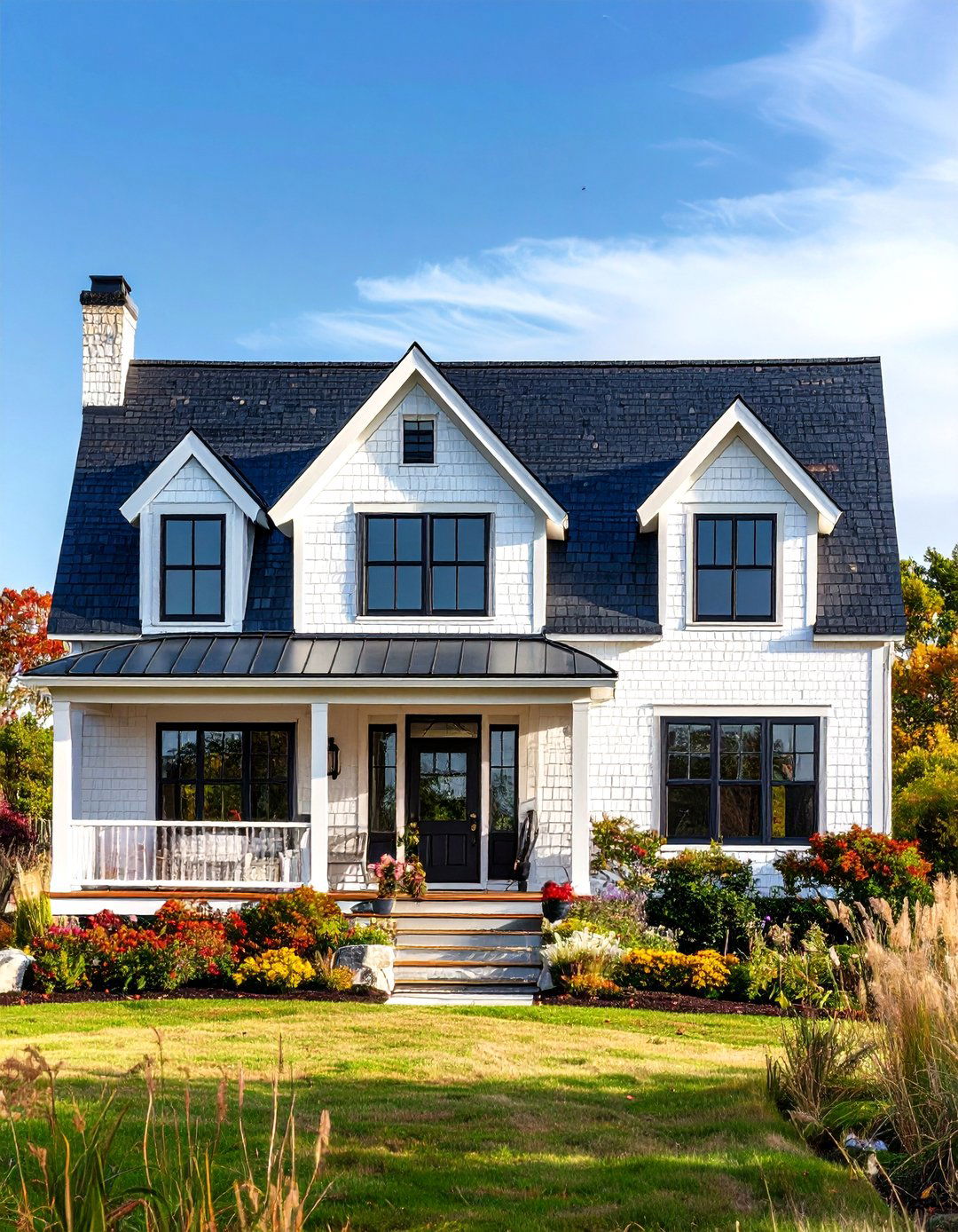 Shingle Style White Exterior Home with a Black Roof and Natural Textures - 20 White Exterior Home with a Black Roof Ideas