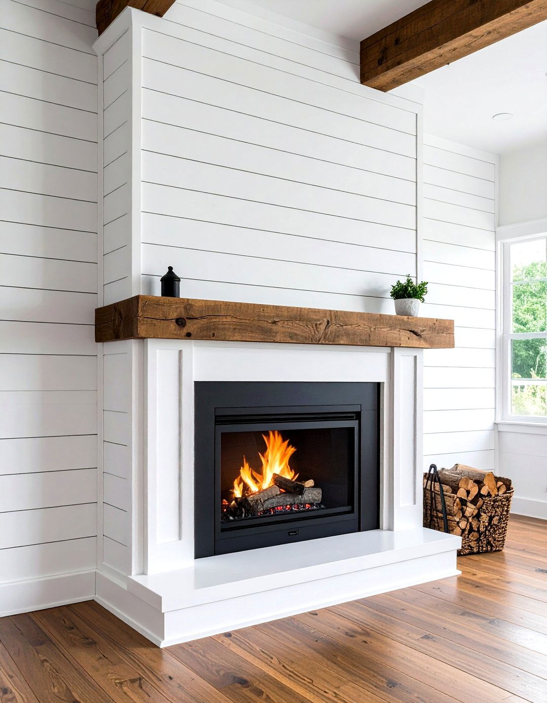 Shiplap Chimney Paired With a Black Firebox - 20 Black and White Fireplace Ideas