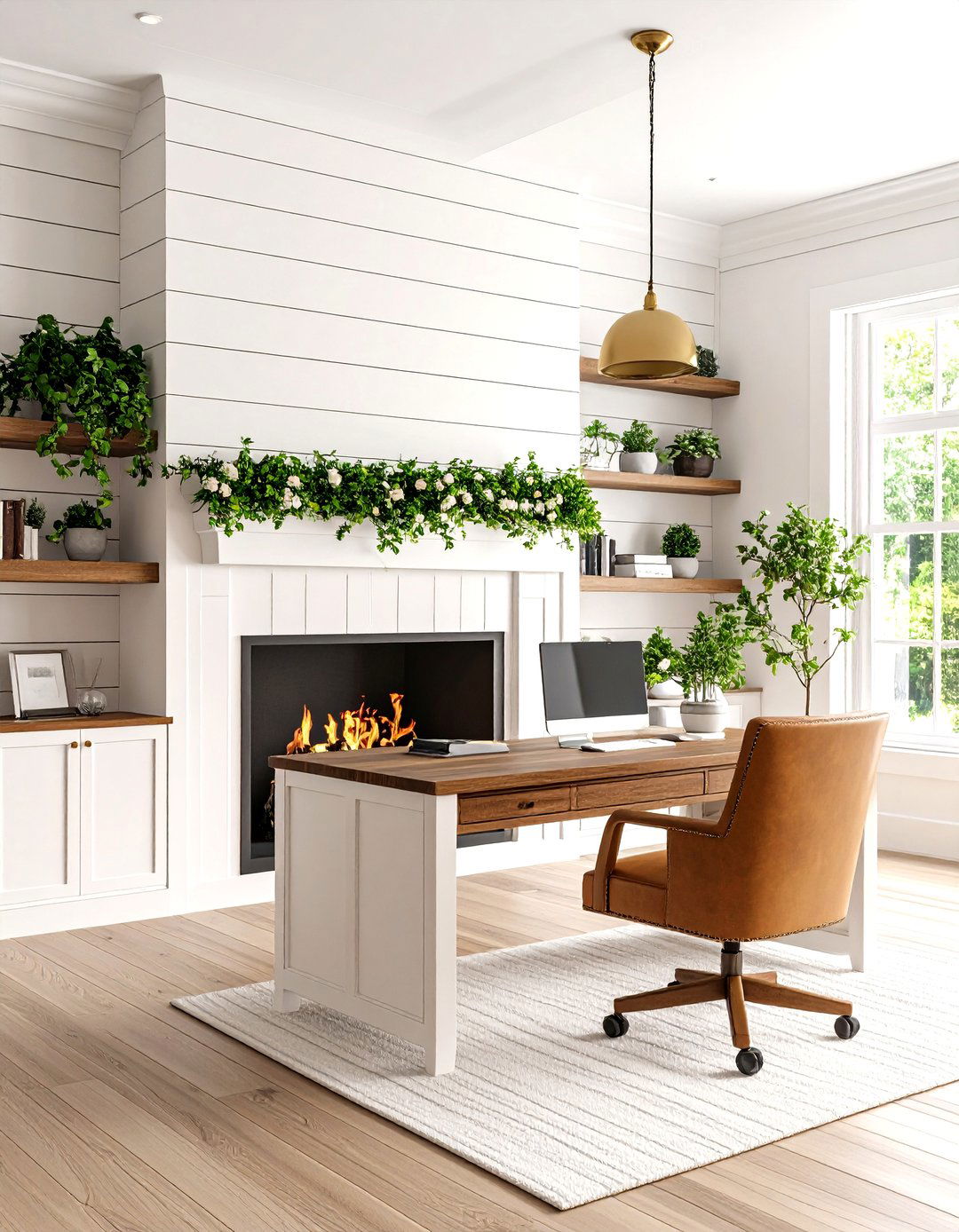 Shiplap Fireplace Accent Wall for Office - 20 Home Office With Fireplace Ideas