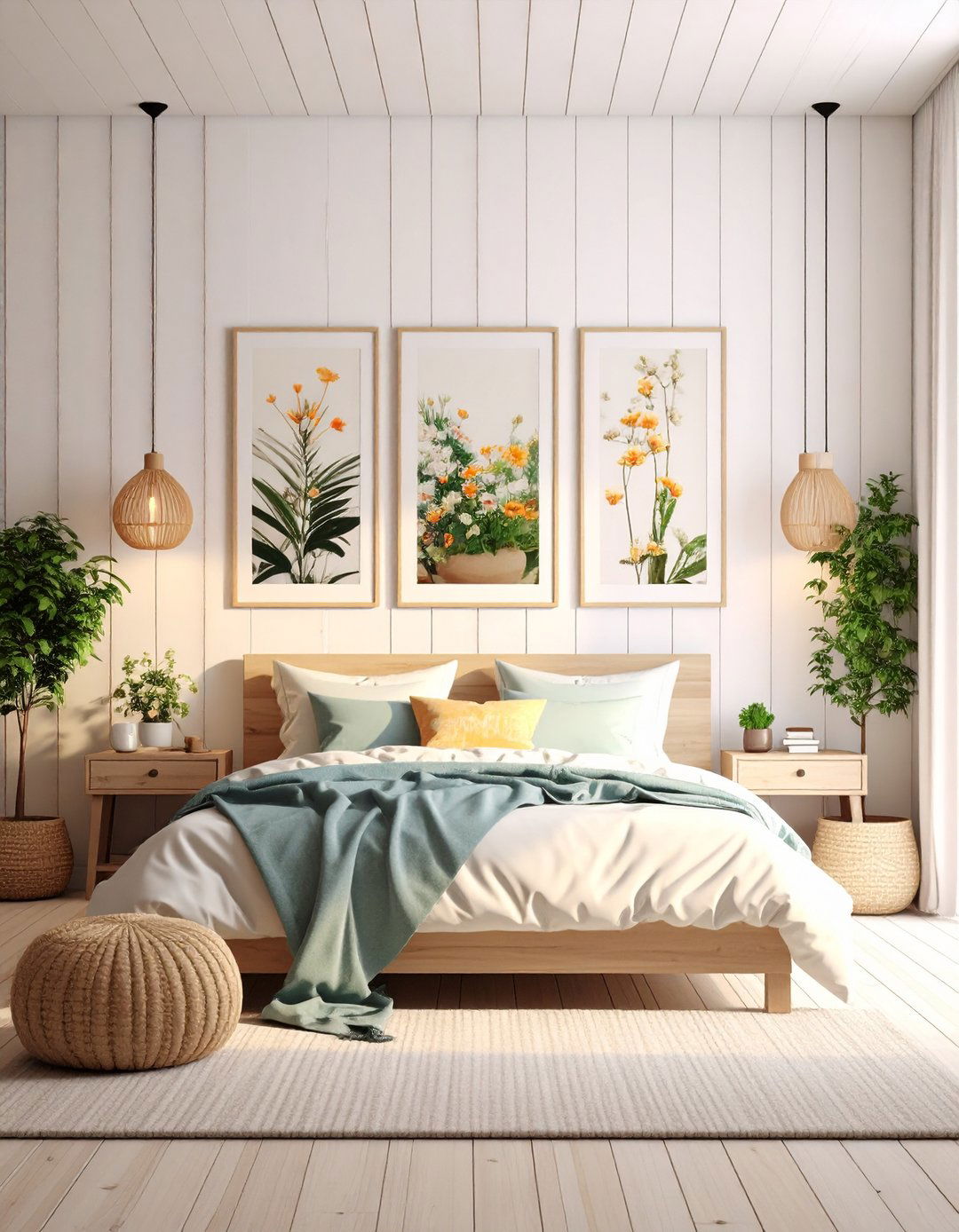 Shiplap Wall Layered With Artwork - 20 Shiplap Bedroom Ideas