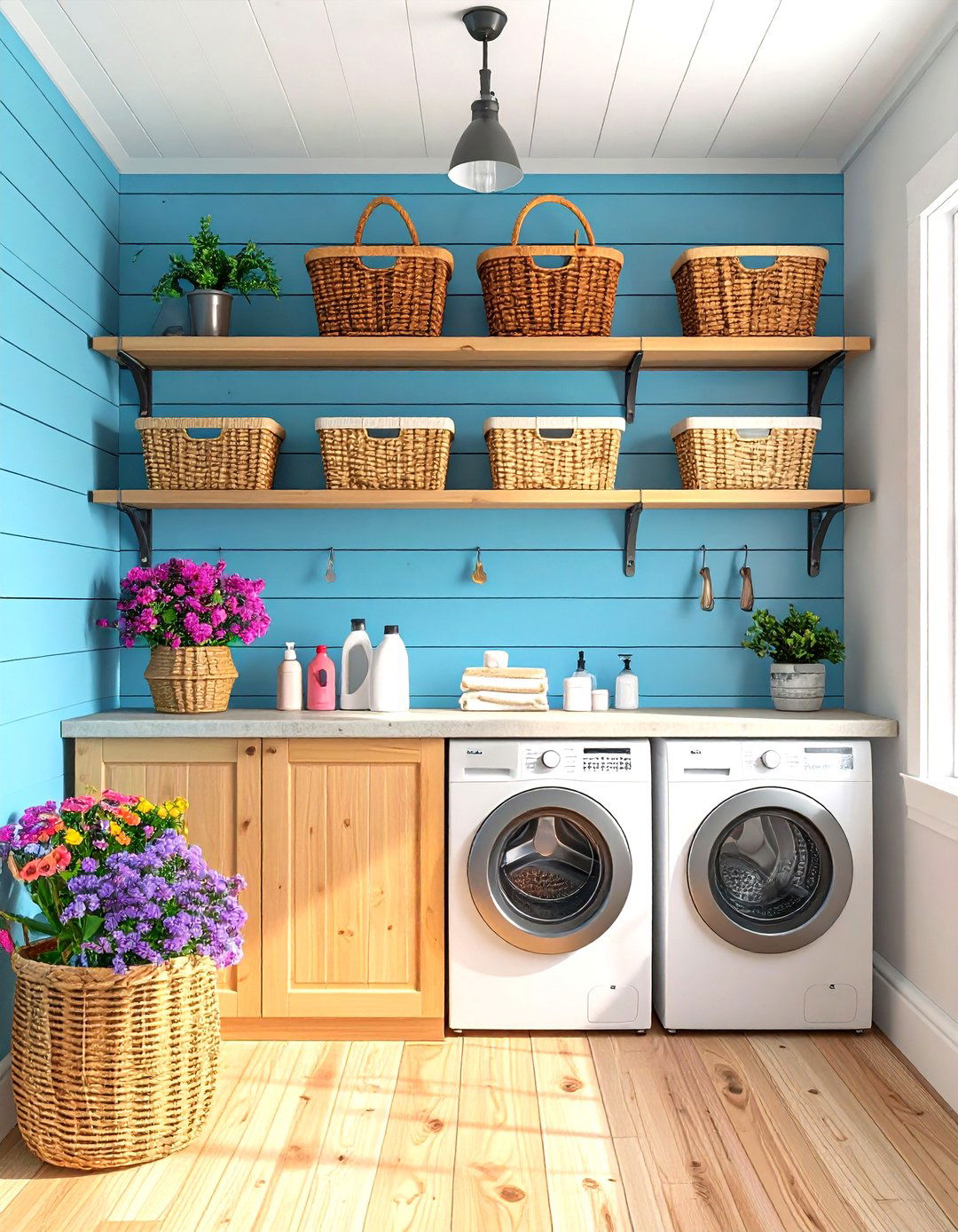 Shiplap with Industrial Pipe Shelving - 20 Shiplap Laundry Room Ideas