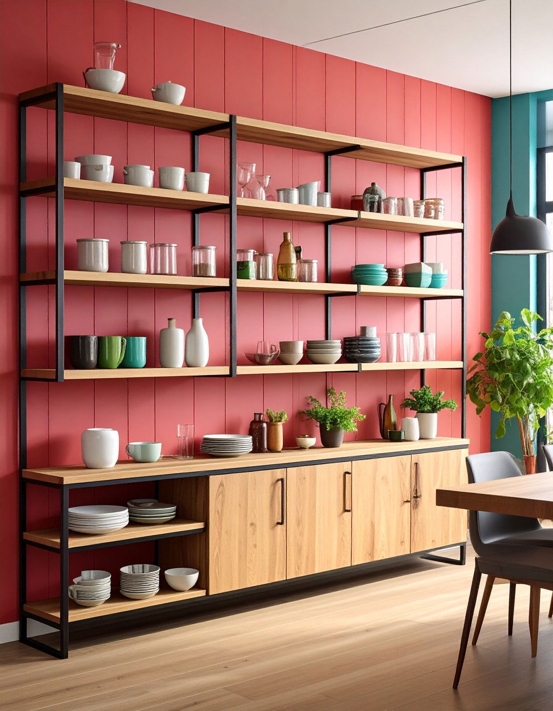 Shiplap with Integrated Metal Shelving - 20 Shiplap Dining Room Wall Ideas