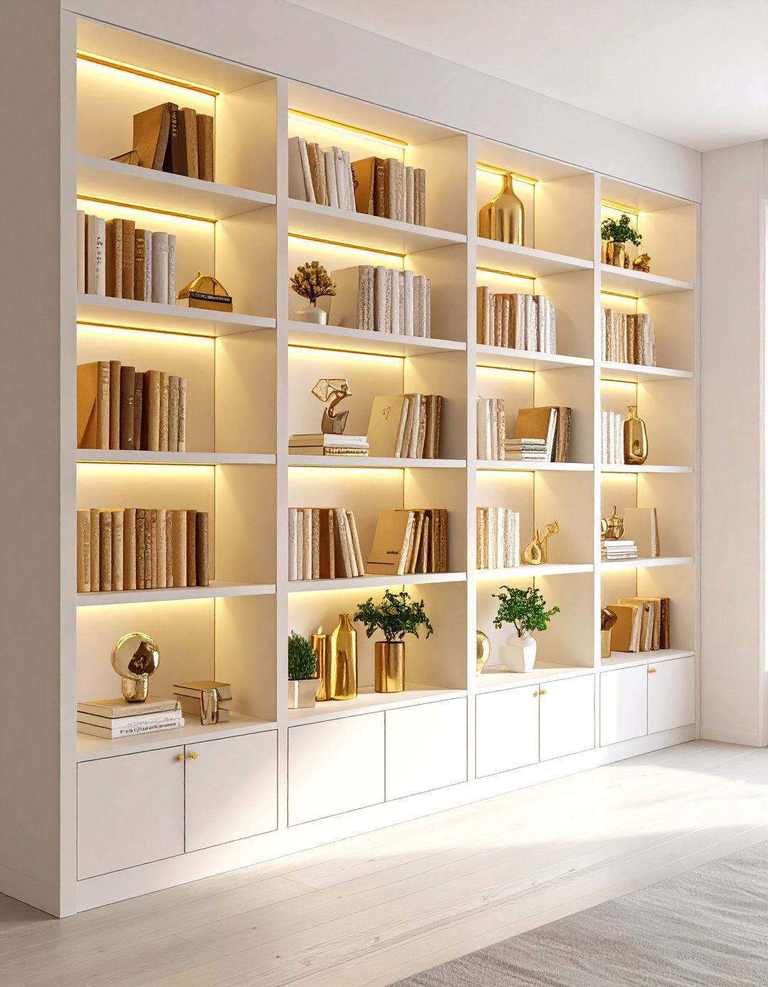 Showcase Collectibles on Cream Built Ins With Gold Lighting - 20 Cream and Gold Living Room Ideas