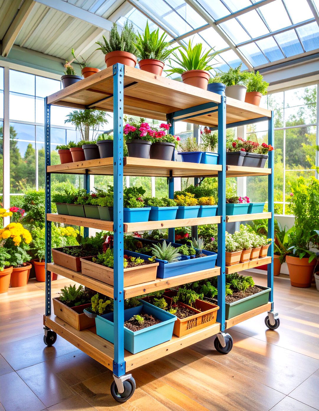 Showcase Plants on Tiered Greenhouse Shelving - 20 Greenhouse Room Ideas