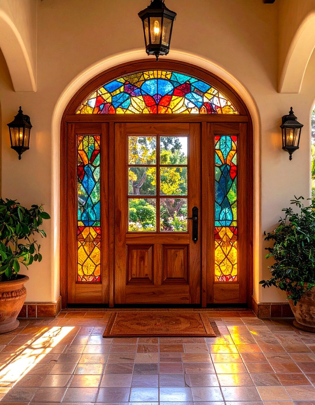Sidelights with Stained Glass Inserts - 20 Spanish Style Front Door Ideas