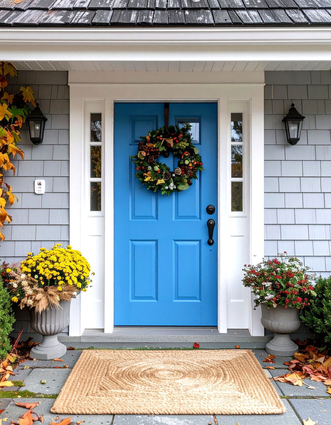 Sky Blue Door on Grey Shingle Cottage - 20 Grey House With Blue Door Ideas