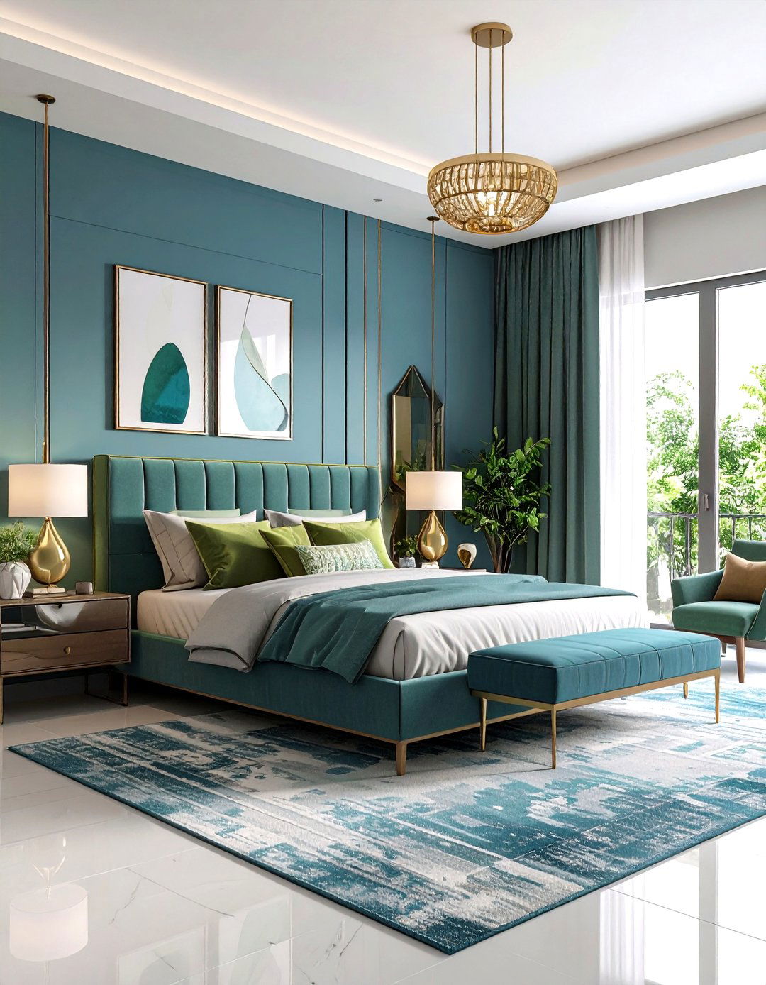 Sky Blue and Lime Green Bedroom with Geometric Designs - 20 blue and green bedroom ideas